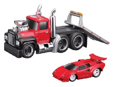 Maisto Muscle Machines Car Transport Mack A6685T Flatbed Truck 1980 + Lamborghini Countach