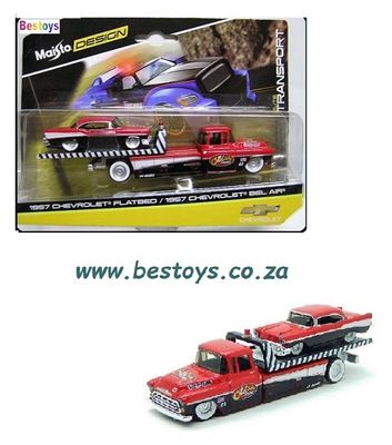 Maisto Design Elite Transport Chevy Chevrolet Flatbed Recovery Truck + Bel Air 1957 1/64 scale