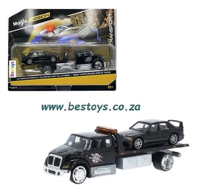 Maisto Design Elite Transport International Durastar Flatbed Recovery Truck + Mercedes Benz 190E 1990