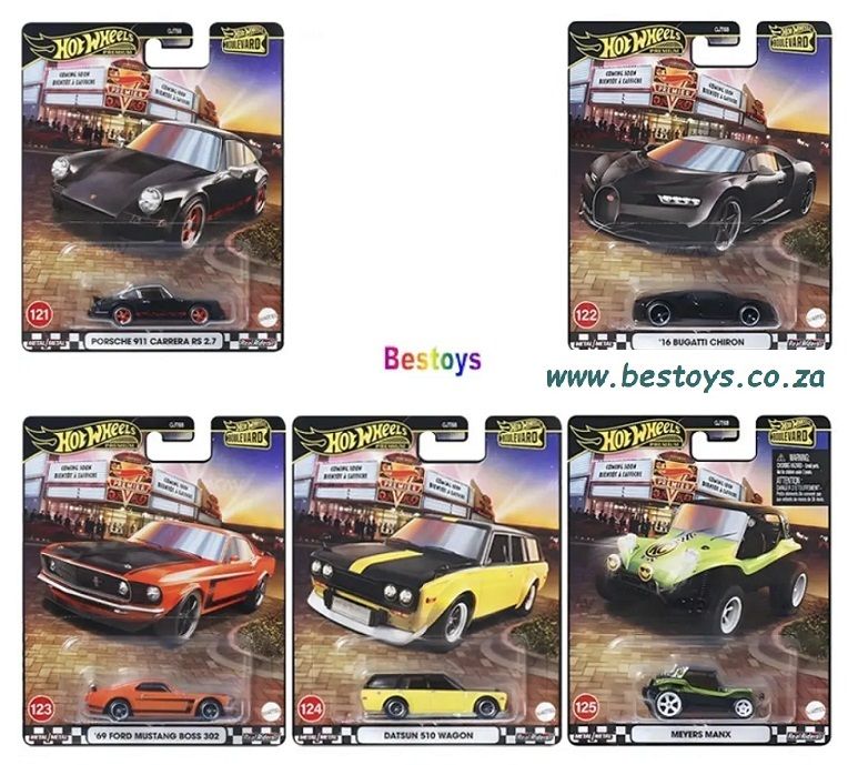 Hot Wheels Boulevard GJT68 Set 121-125 Datsun 510 Porsche 911 Bugatti Mustang Boss Meyers Manx