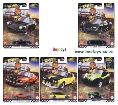 Hot Wheels Boulevard GJT68 Set 121-125 Datsun 510 Porsche 911 Bugatti Mustang Boss Meyers Manx