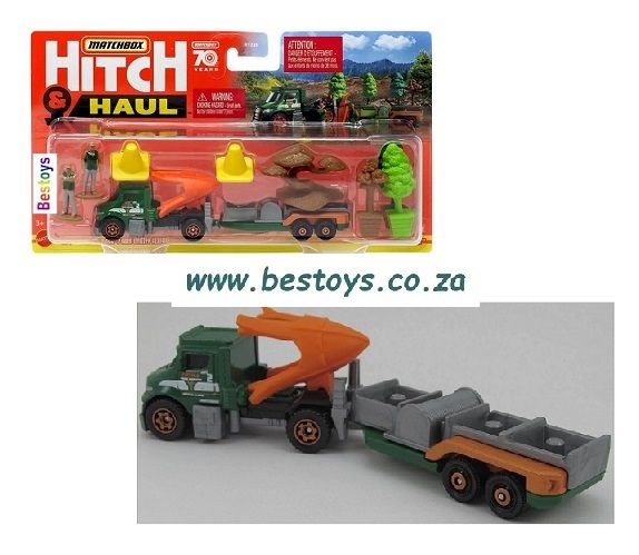 Matchbox Hitch &amp; Haul Set MBX Tree Service Tree Lugger + Flatbed trailer + tree accessories