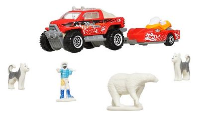 Matchbox Hitch &amp; Haul Set MBX Arctic Explorer Snow Thrasher + Snowmobile + trailer + accessories