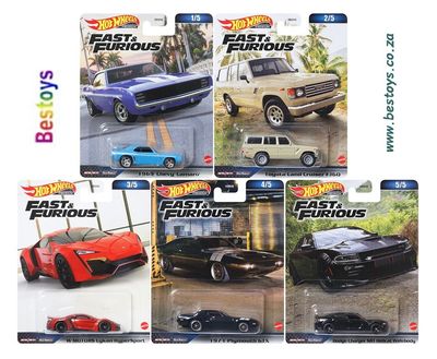 Hot Wheels Fast &amp; Furious Set HNW46 Chevy Camaro Toyota Land Cruiser Lykan Plymouth Dodge Charger