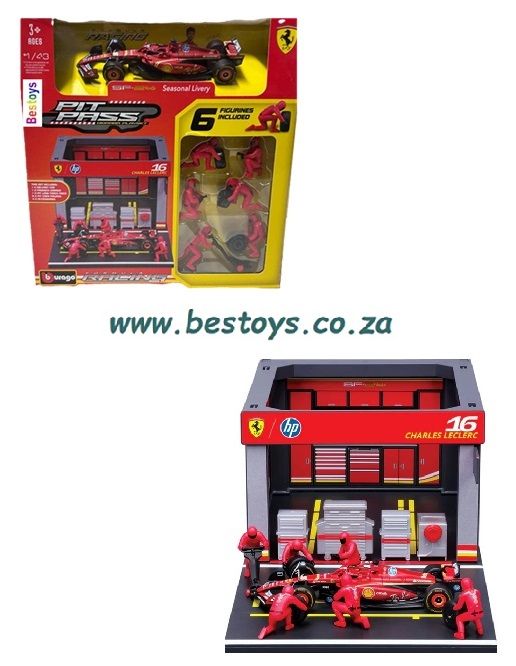 Burago 36862 Pit Pass Formula 1 F1 Ferrari SF 24 SF24 No 16 Le Clerc GP 2024 + Pit Garage Diorama Figurines