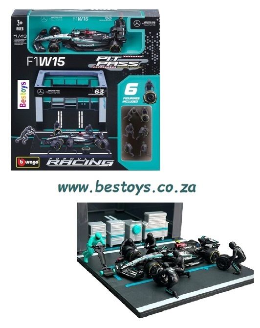 Burago 38452 Pit Pass Formula 1 F1 Mercedes Benz W15 No 44 Hamilton 2024 GP + Pit Garage + Figurines