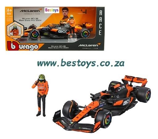 Burago 28040 Formula 1 F1 McLaren MCL38 Miami Grand Prix 2024 + driver figurine