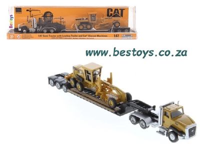 Diecast Masters 84414 CAT Caterpillar Semi Horse Truck + Lowboy Trailer + CAT 163H Grader
