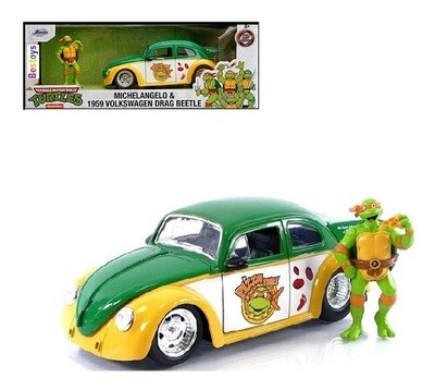 JADA 33741 VW Volkswagen Drag Beetle 1959 + Michelangelo Figurine TMNT Teenage TV Movie JADA 33741 VW Volkswagen Drag Beetle 1959 + Michelangelo Figurine TMNT Teenage TV Movie