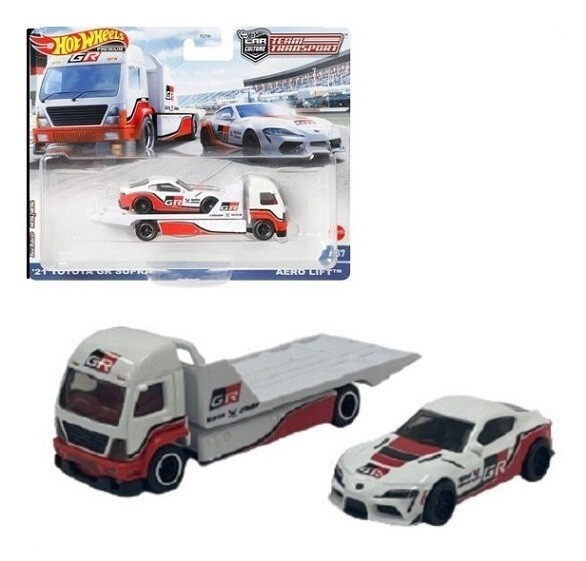 Hot Wheels Car Culture Team Transport Toyota GR Supra 2021 + Aero Lift Transporter Truck