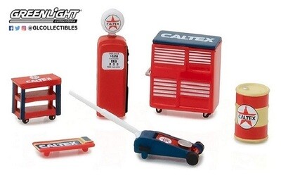 Greenlight Model Accessory Set Garage Workshop Tools Diorama "Caltex" Tool chest Trolley jack Gas pump
