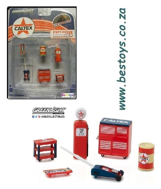 Greenlight Model Accessory Set Garage Workshop Tools Diorama "Caltex" Tool chest Trolley jack Gas pump