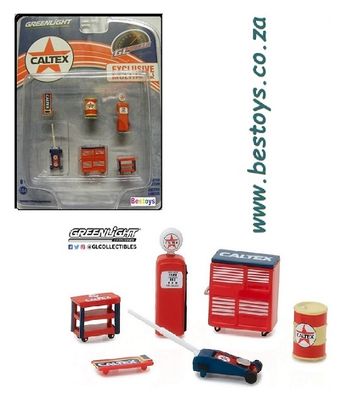 Greenlight Model Accessory Set Garage Workshop Tools Diorama "Caltex" Tool chest Trolley jack Gas pump