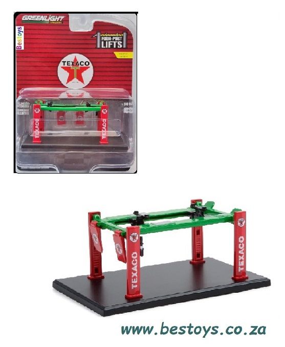 Greenlight Diecast Model Accessory Diorama Garage Workshop Four Post Lift "Texaco" 1/64 scale