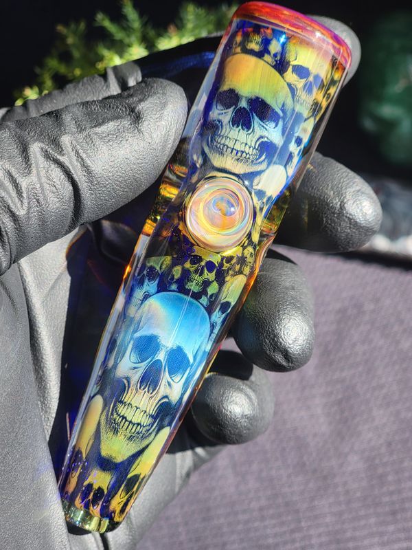 Skull Chillum Handmade Fumed Collectible Glass Art Tobacco Pipe