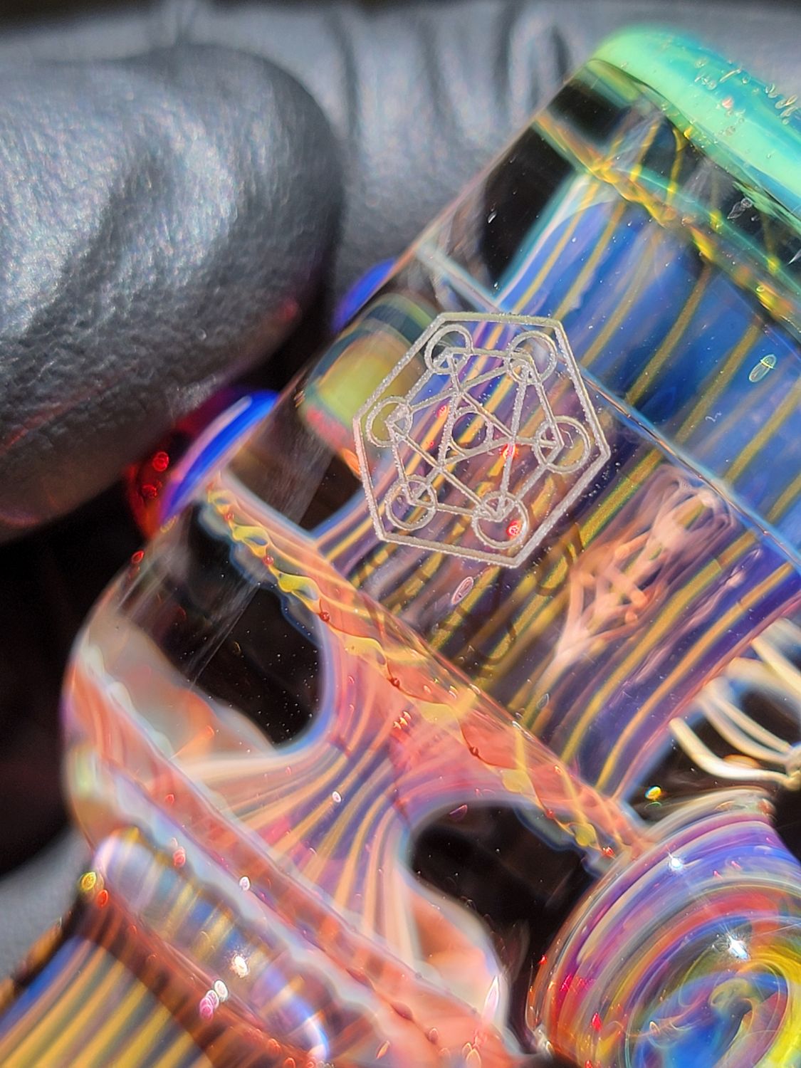 Sacred Geometry Etched Heady Chillum Silver &amp; Gold Fumed  glass