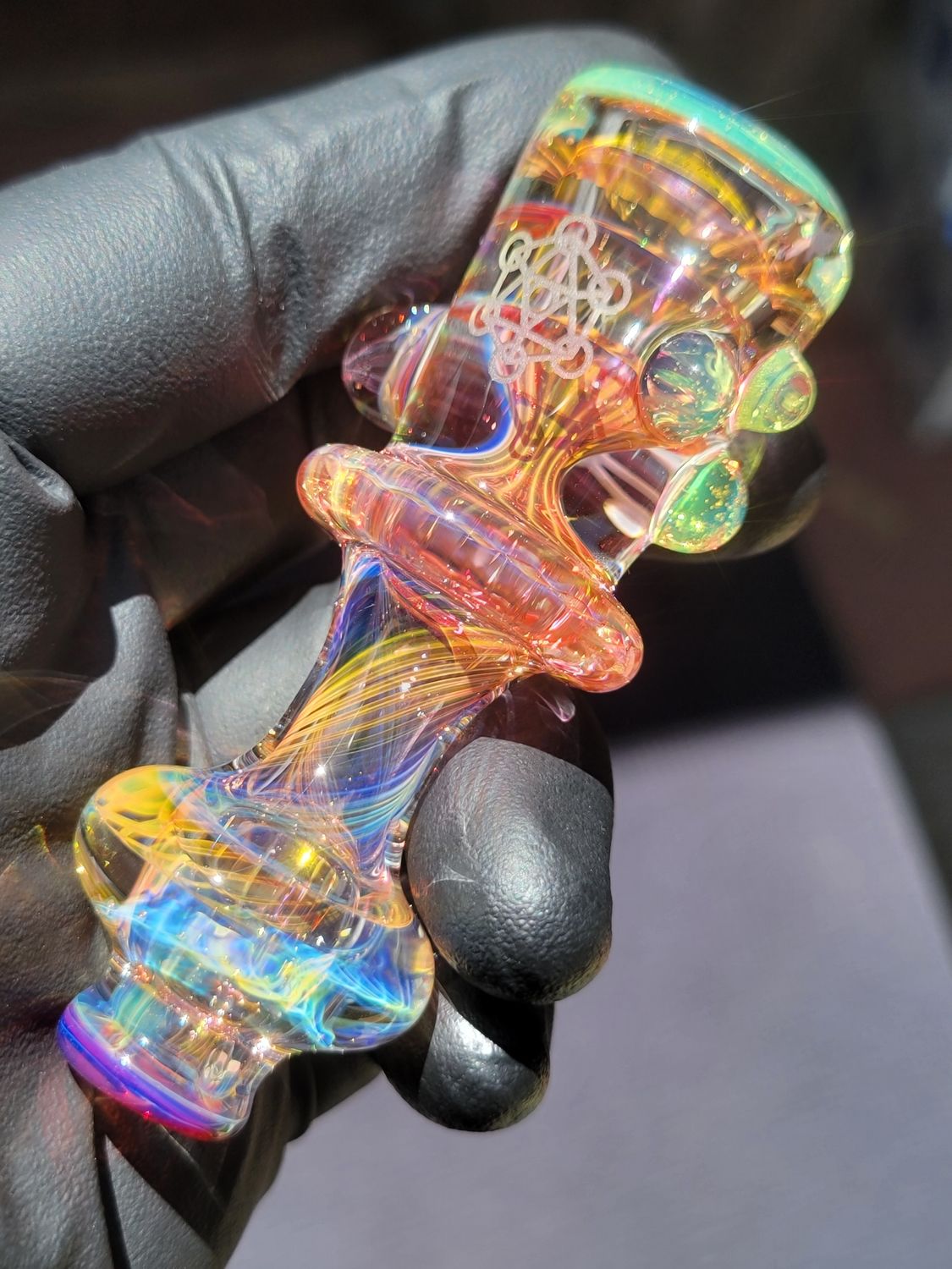 Sacred Geometry Etched Heady Chillum Silver &amp; Gold Fumed Handmade Borosilicate Glass boro