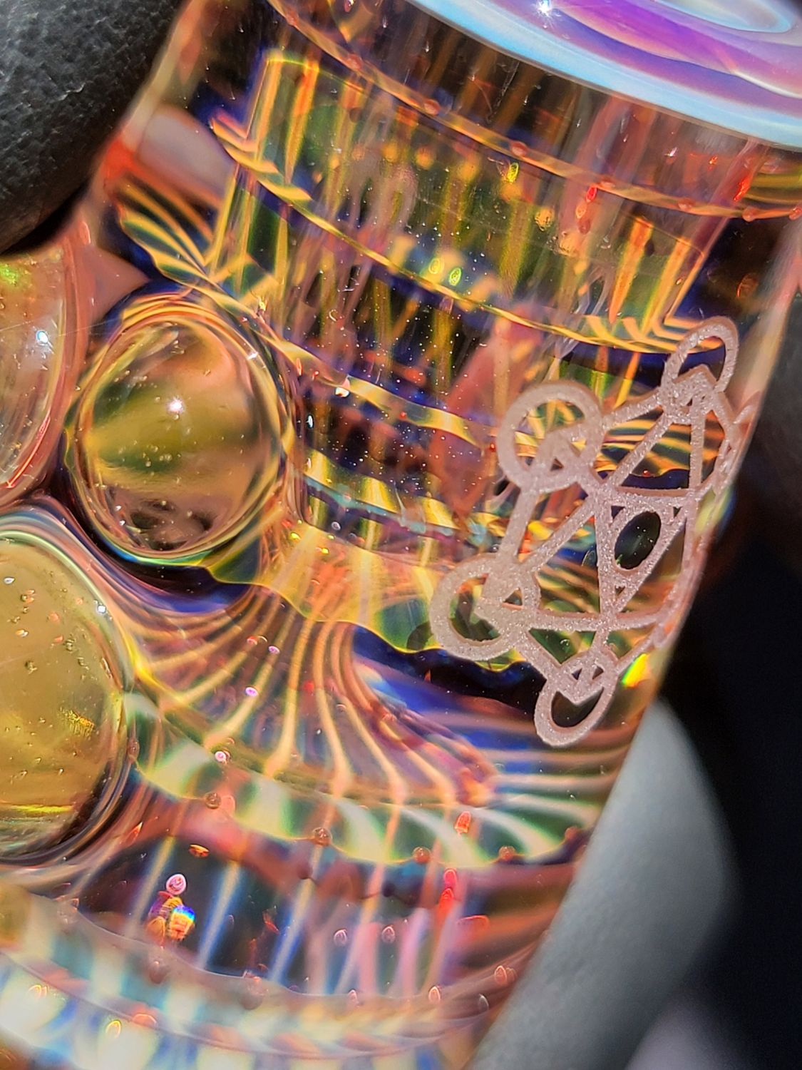 Sacred Geometry Etched Fatty Chillum Silver &amp; Gold Fumed Handmade Borosilicate Glass boro, art pipe, SaltyDogGlass Ethan Lesch