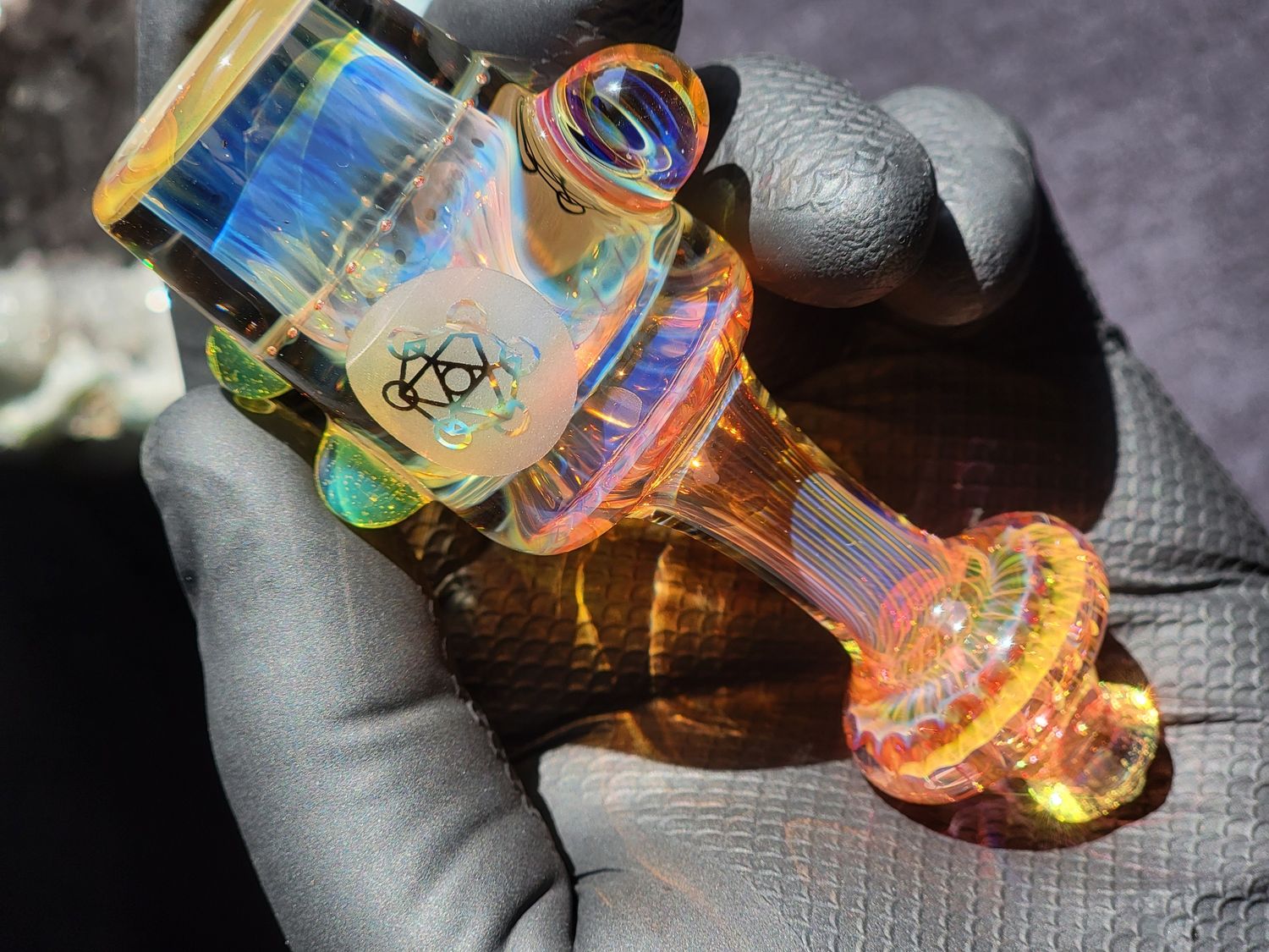 Sacred Geometry Etched Heady Chillum Silver &amp; Gold Fumed Handmade Borosilicate Glass boro