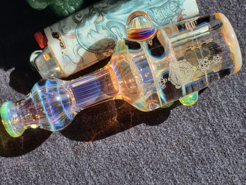 Sacred Geometry Etched Heady Chillum Silver &amp; Gold Fumed Handmade Borosilicate Glass boro