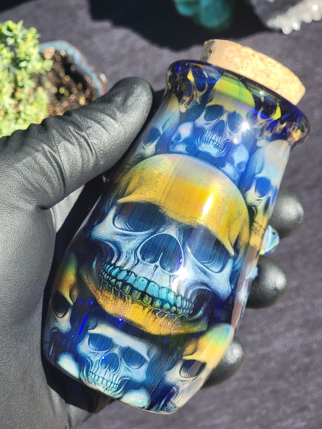 Fumed Skull Glass Jar 3.98" Handmade Collectible Glass Art Tobacco Pipe