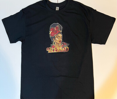 Just Blessed women black Large crew neck t-shirt.