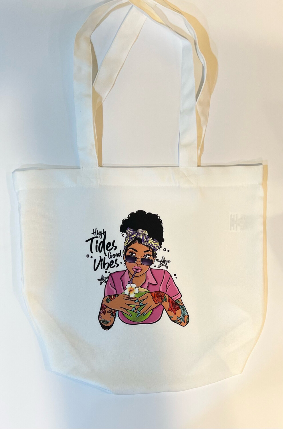 High tides good vibes tote bag.