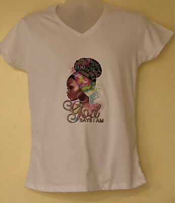 “God Says I Am” Women Medium White V Neck T-shirt