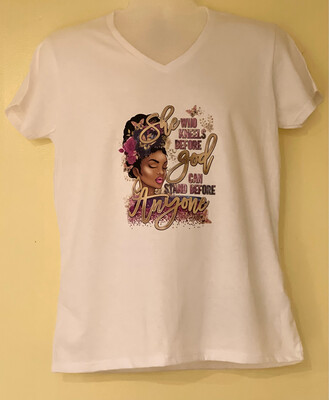 She Who Kneels Before God Can Stand Before Anyone. Women Large White V Neck T-shirt.