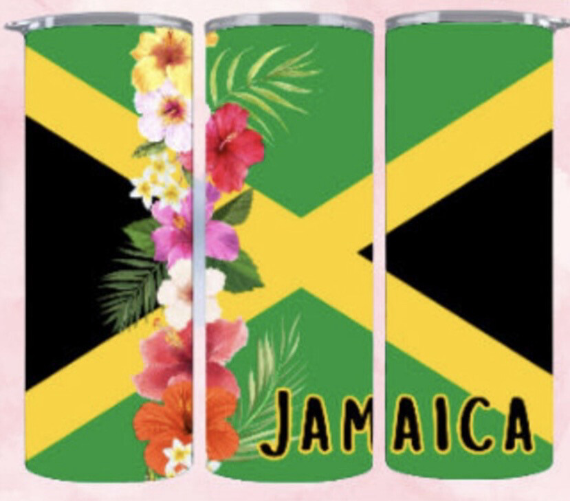 Jamaica Flag with Flowers 20oz skinny tumbler.