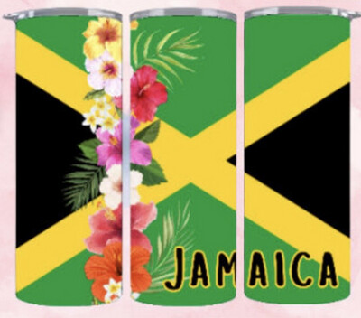 Jamaica Flag with Flowers 20oz skinny tumbler.