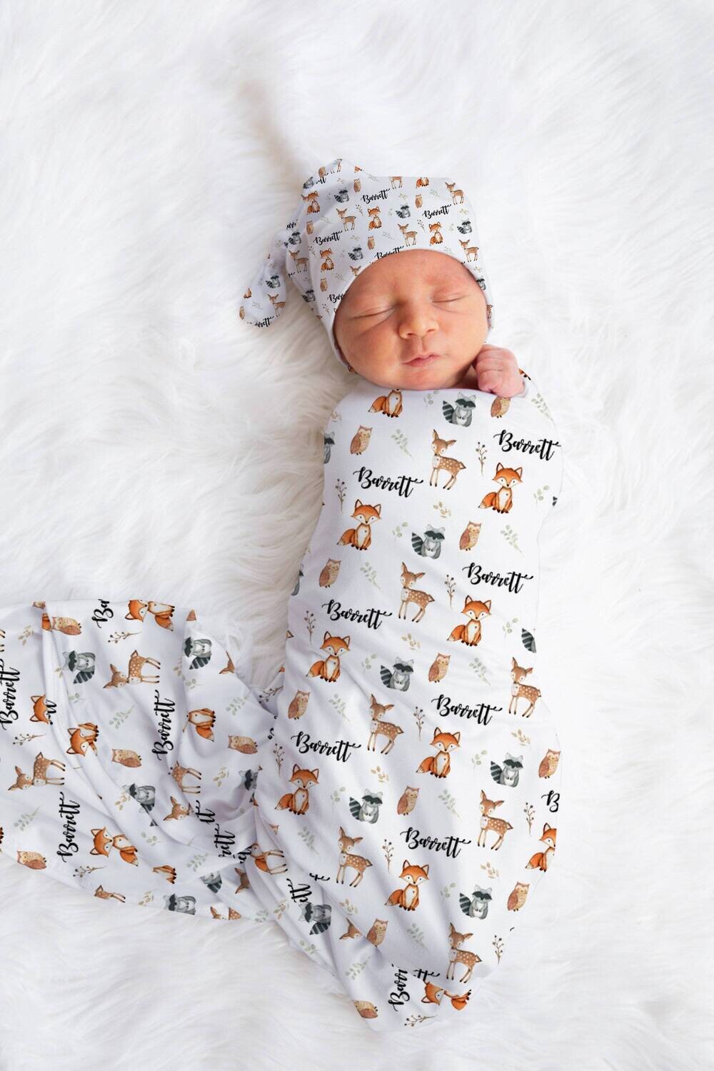 Personalized Woodland Animal Baby Name Custom Swaddle Gift Idea For Baby Boy, Newborn Baby Woodland Animal Swaddle Blanket Photo Prop, Deer