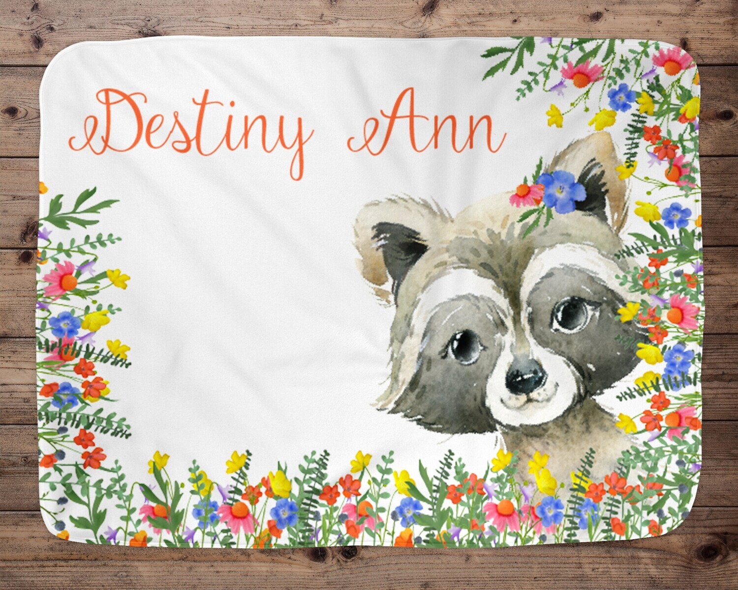 Raccoon Personalized Baby Girl Blanket, Baby Blanket, Name Baby Blanket, Baby Girl Gift, Floral Baby, Raccoon Girl Blanket, Wildflower Decor