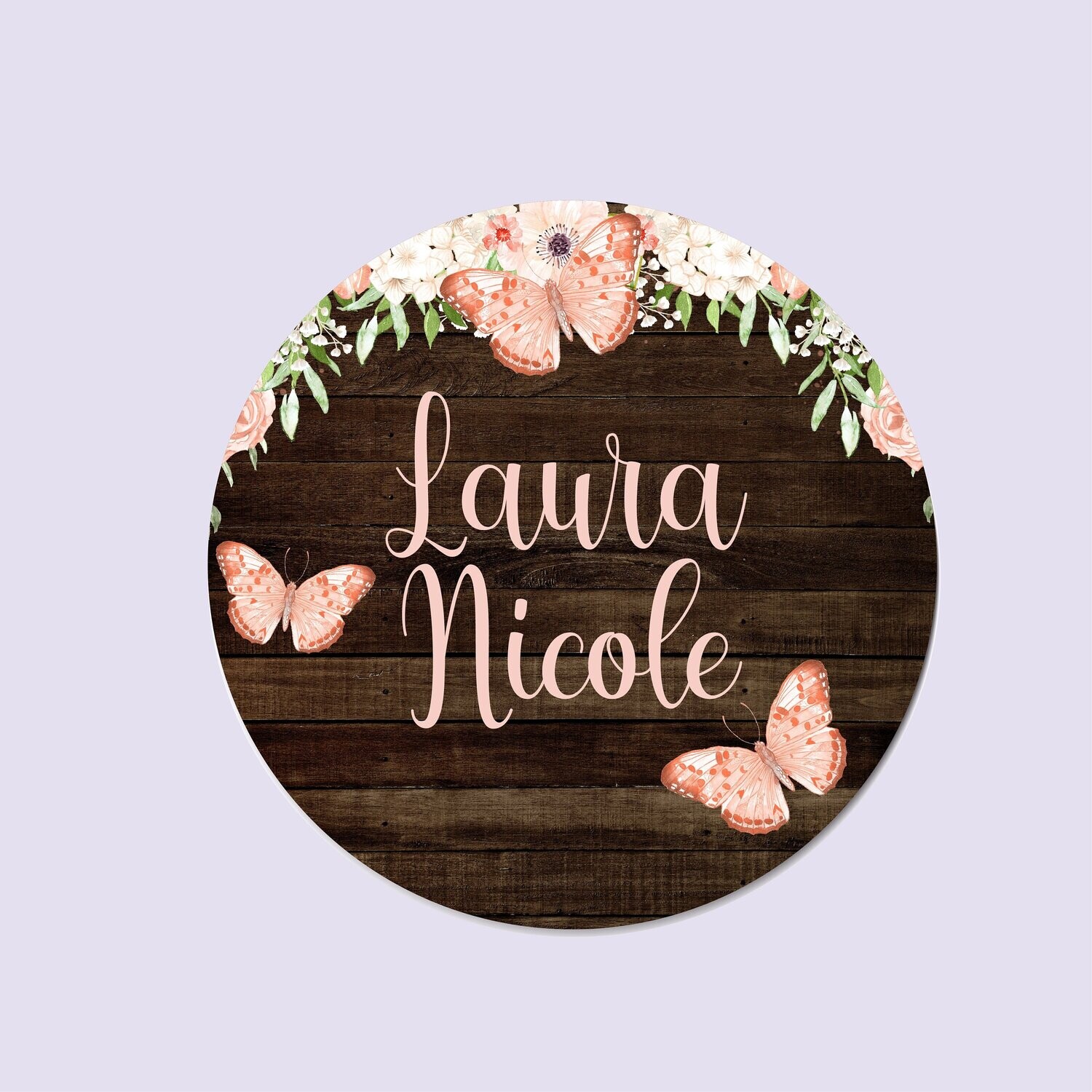 Customized Round Wood Sign, Butterfly Sign, Circle Sign For Baby Girl, Floral Sign, Personalized Sign, Baby Girl Sign, Peach Butterfly Sign
