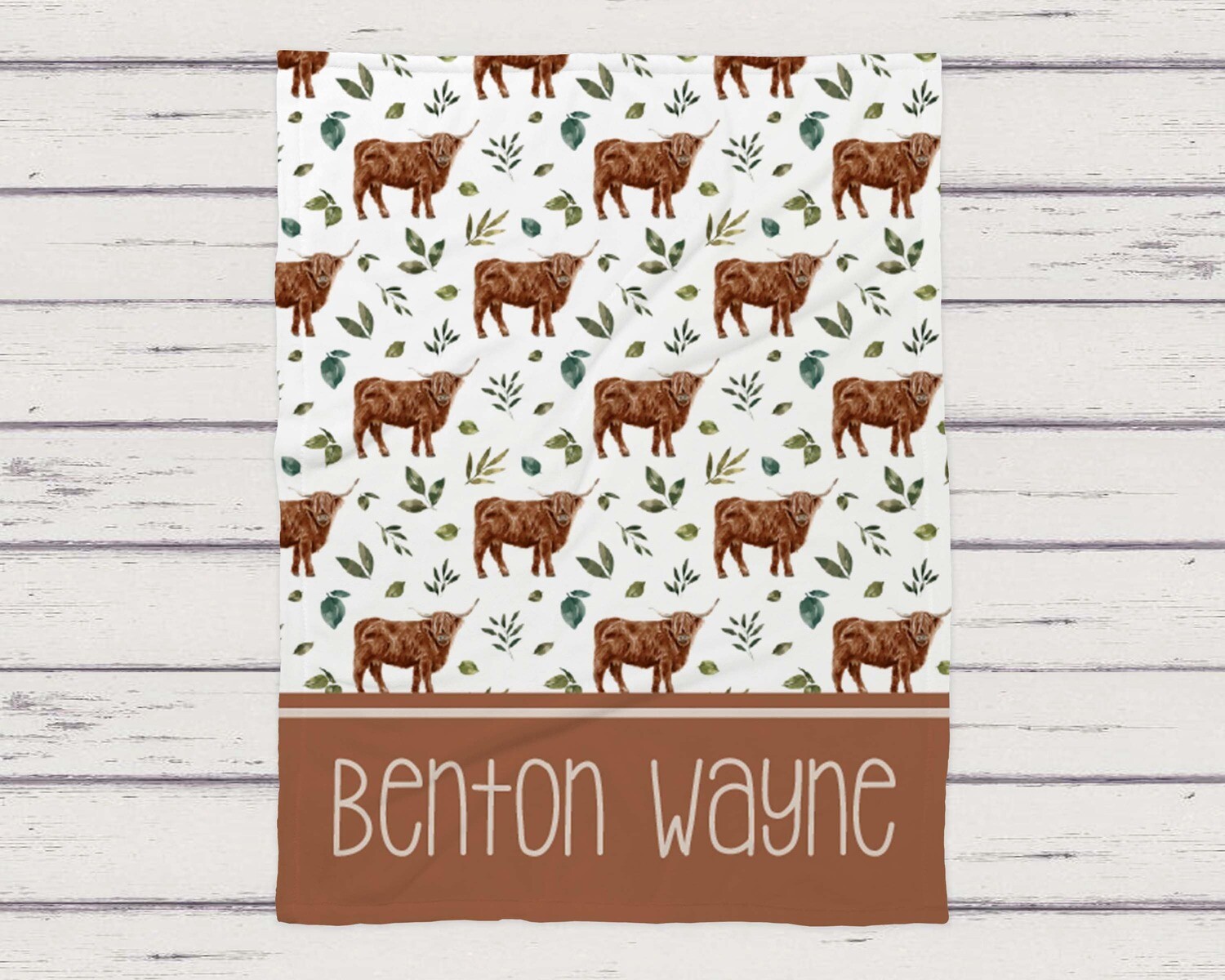 Personalized Highland Cow Name Pattern Blanket, Baby Boy Brown Cow Gift, Farm Animal Highland Cow Blanket Gift Idea, Highland Cow Baby Boy