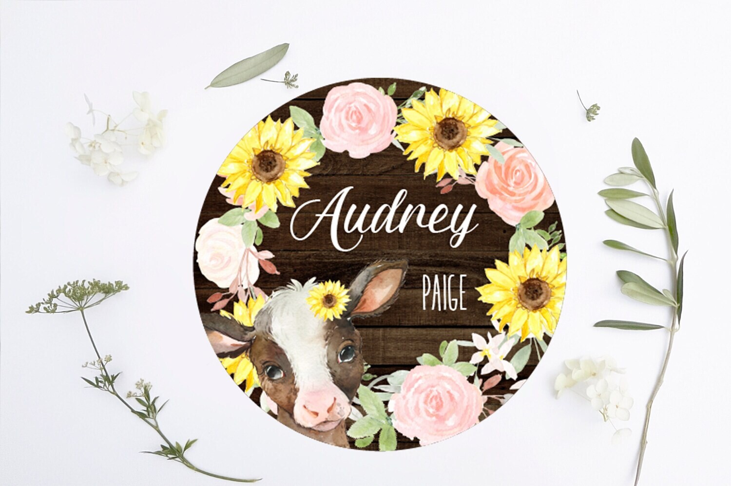 Customized Round Wood Sign, Floral Name Sign, Circle Sign For Baby Girl, Cow And Floral Sign, Personalized Sign With Flowers, Baby Girl Sign