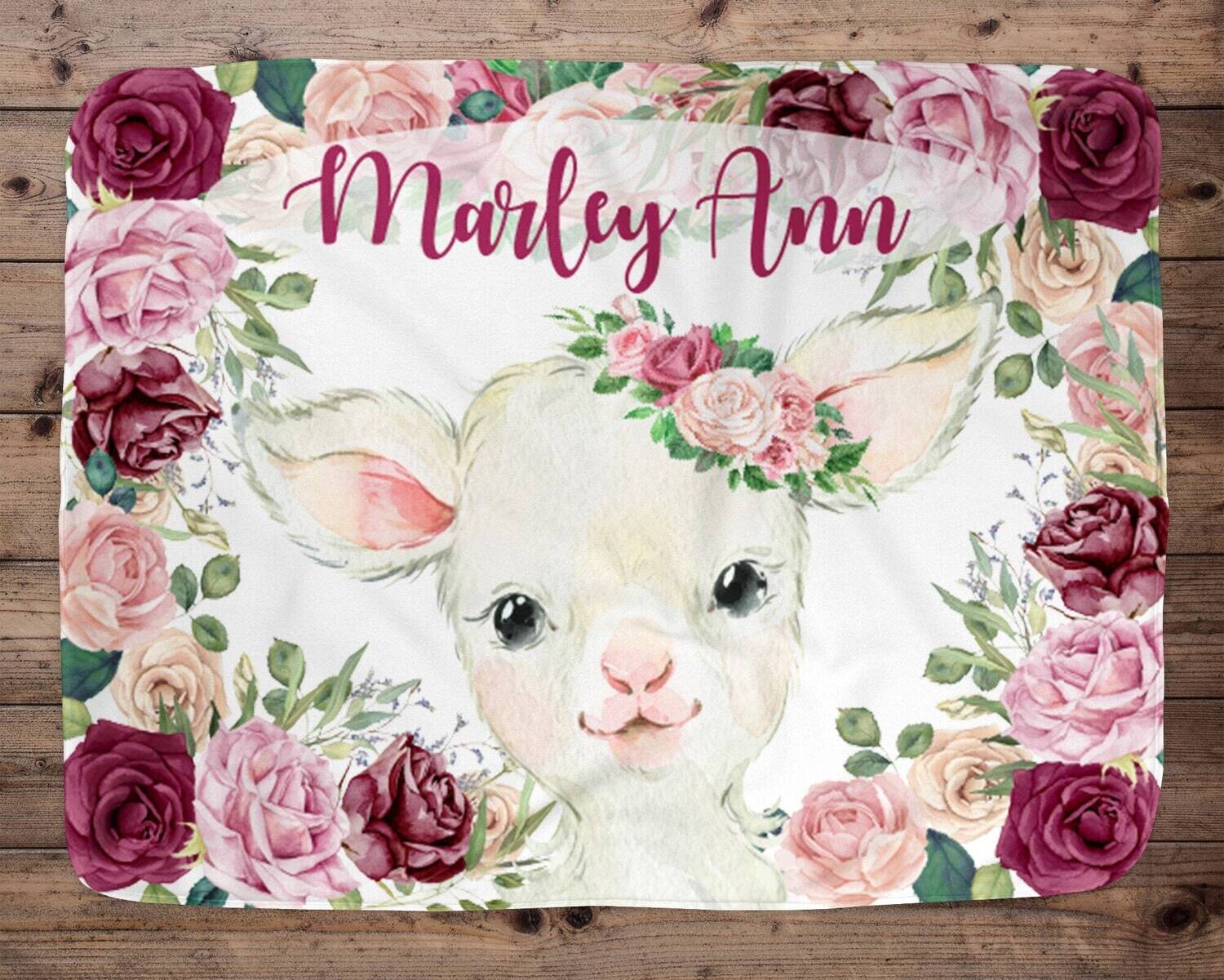 Lamb Personalized Baby Girl Blanket, Baby Blanket, Name Baby Blanket,Lamb Baby Gift, Farm Baby, Farm Blanket, Blanket Girl, Floral, Burgandy