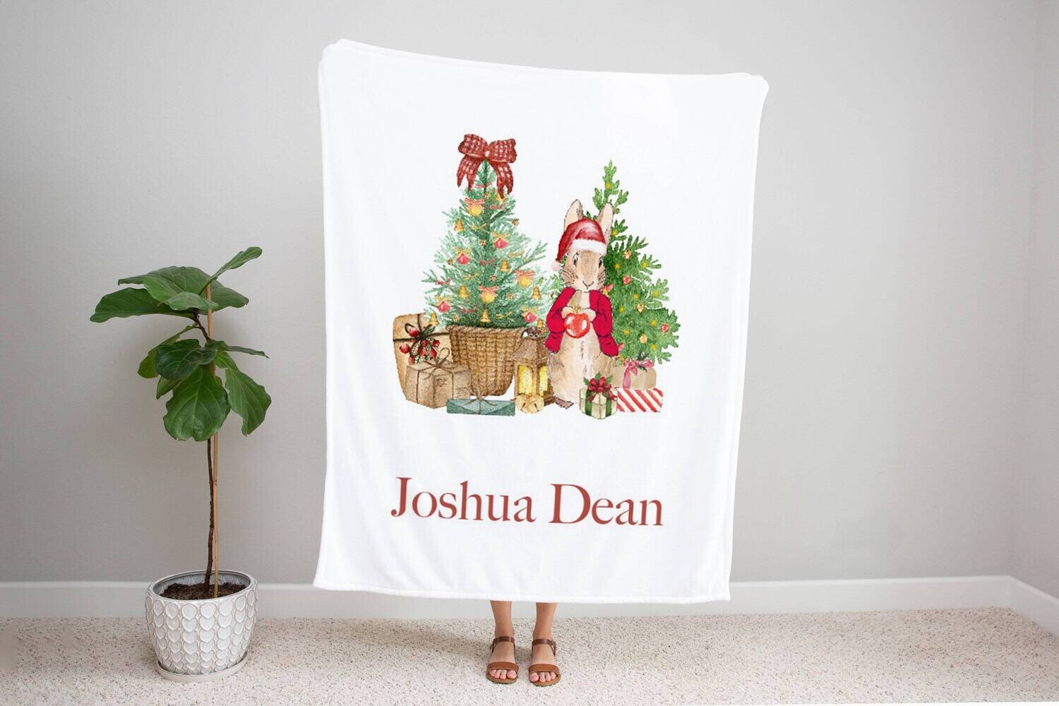 Personalized Kids Name Christmas Blanket, Bunny Rabbit Christmas Blanket, Kids Christmas Gift Idea, Baby Boy Christmas Blanket, Holiday Trex