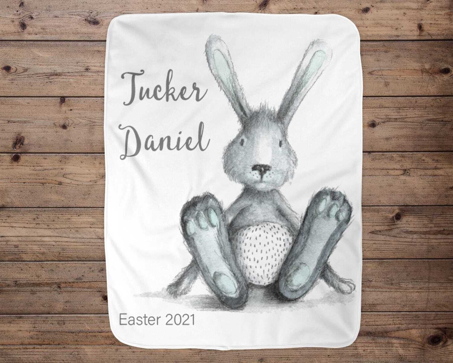 Customized Easter Bunny Rabbit Name Blanket Gift, Personalized Bunny Rabbit Blanket, Bunny Sitting Down Blanket, Easter Gift Idea For Baby