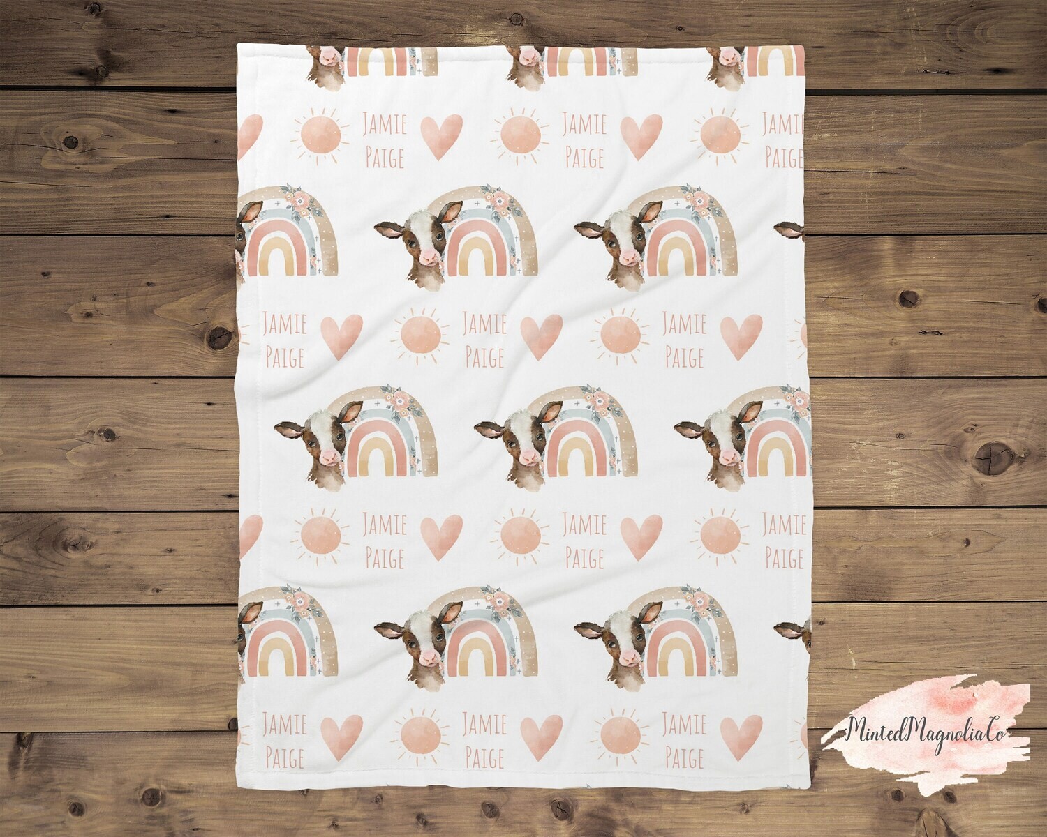Personalized Boho Floral Rainbow Brown Cow Name Pattern Blanket, Baby Girl Brown Cow Gift, Bohemian Rainbow Cattle Cow Blanket Gift Idea Her
