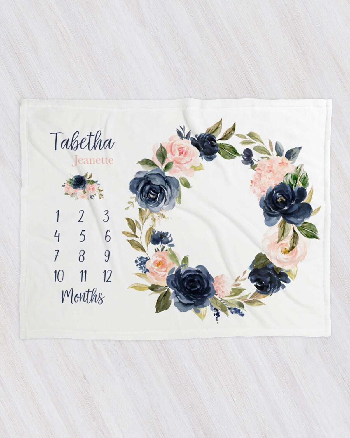 Personalized Blue And Pink Floral Name Age Milestone Blanket, Month Blanket, Name Baby Blanket, Rose Baby Blanket Girl, Photo Prop Blanket