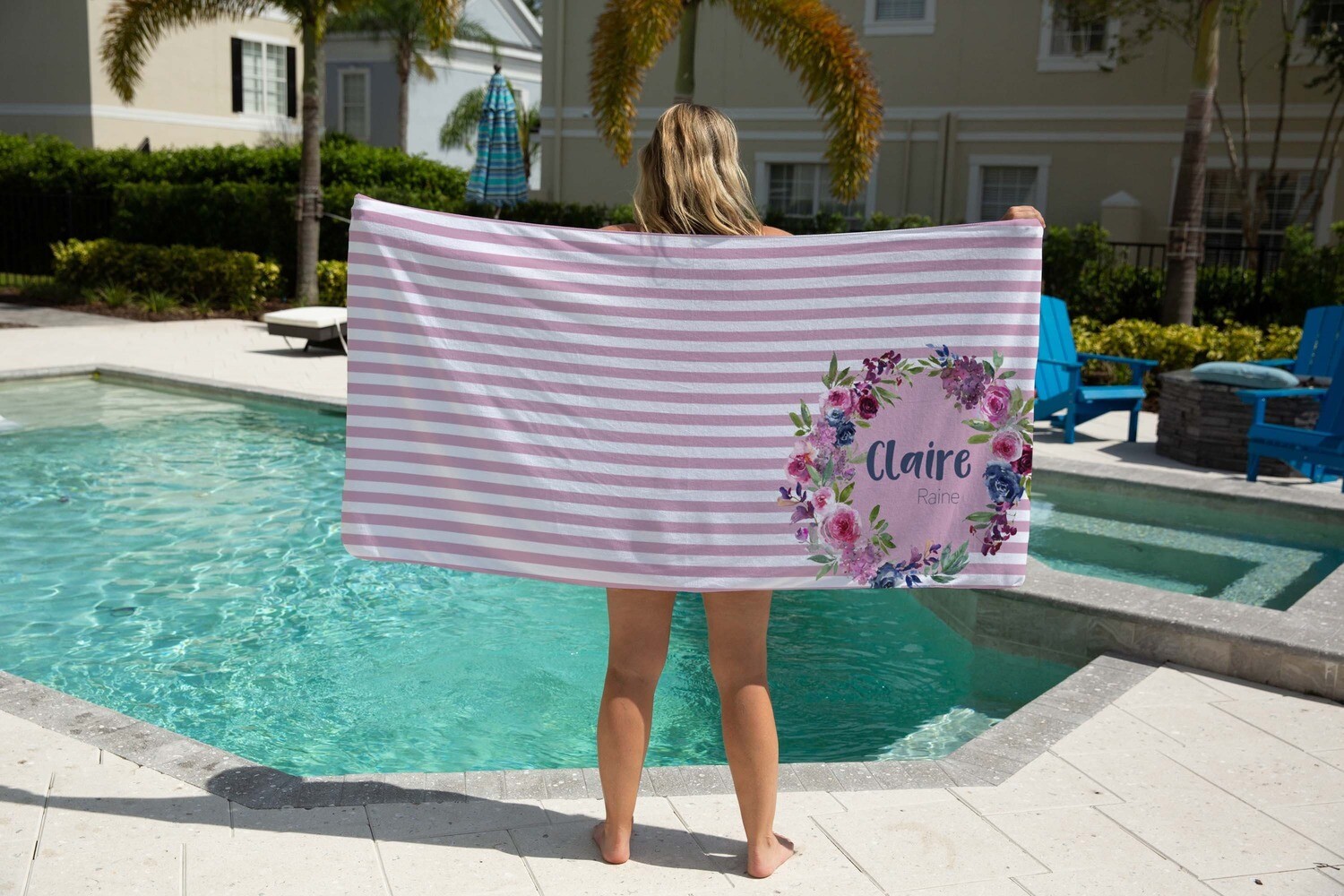 Personalized Purple Floral Print Name Beach Towel, Girl Beach Towel Gift Idea, Summer, Summer Gift, Teen Beach Idea, Child Name Beach Towel