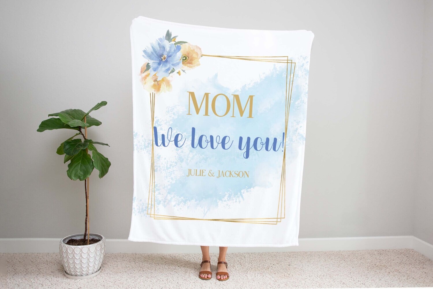 Customized We Love Mom Blue Yellow Flower Custom Name Blanket, Mothers Day Gift, Mom Blanket Christmas Gift For Mom Personalized Mom Blanket