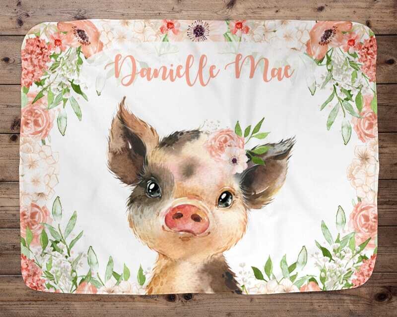 Piglet Personalized Baby Girl Blanket, Baby Blanket, Name Baby Blanket, Baby Girl Gift, Floral Baby, Pig Blanket, Blanket Girl, Girl, Peach