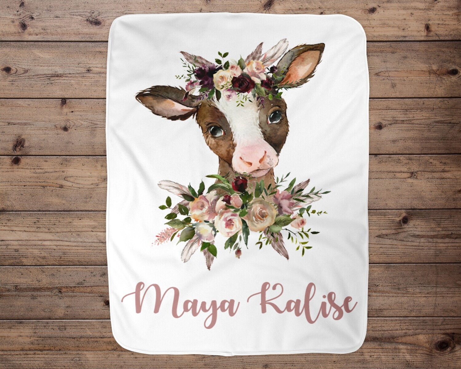 Cow Personalized Baby Girl Blanket, Baby Blanket, Name Baby Blanket,Cow Baby Gift, Farm Baby, Farm Blanket, Blanket Girl, Floral, Boho Cow