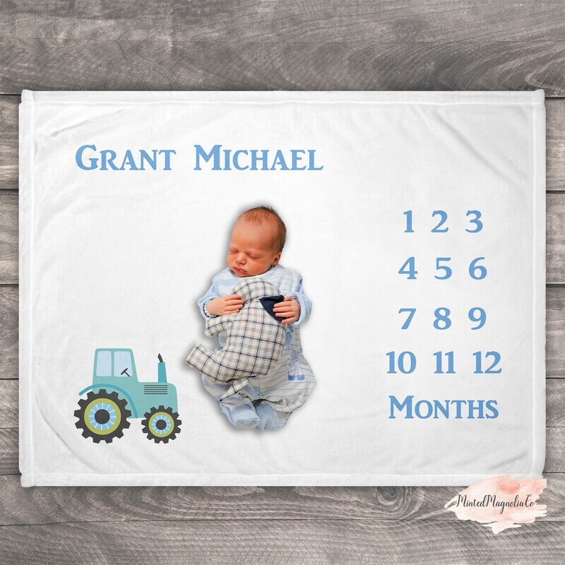 Tractor Milestone Blanket, Blue Tractor Milestone Baby Blanket, Photo Prop Blanket For Newborn, Baby Shower Gift Idea, Farm Baby Boy Gift