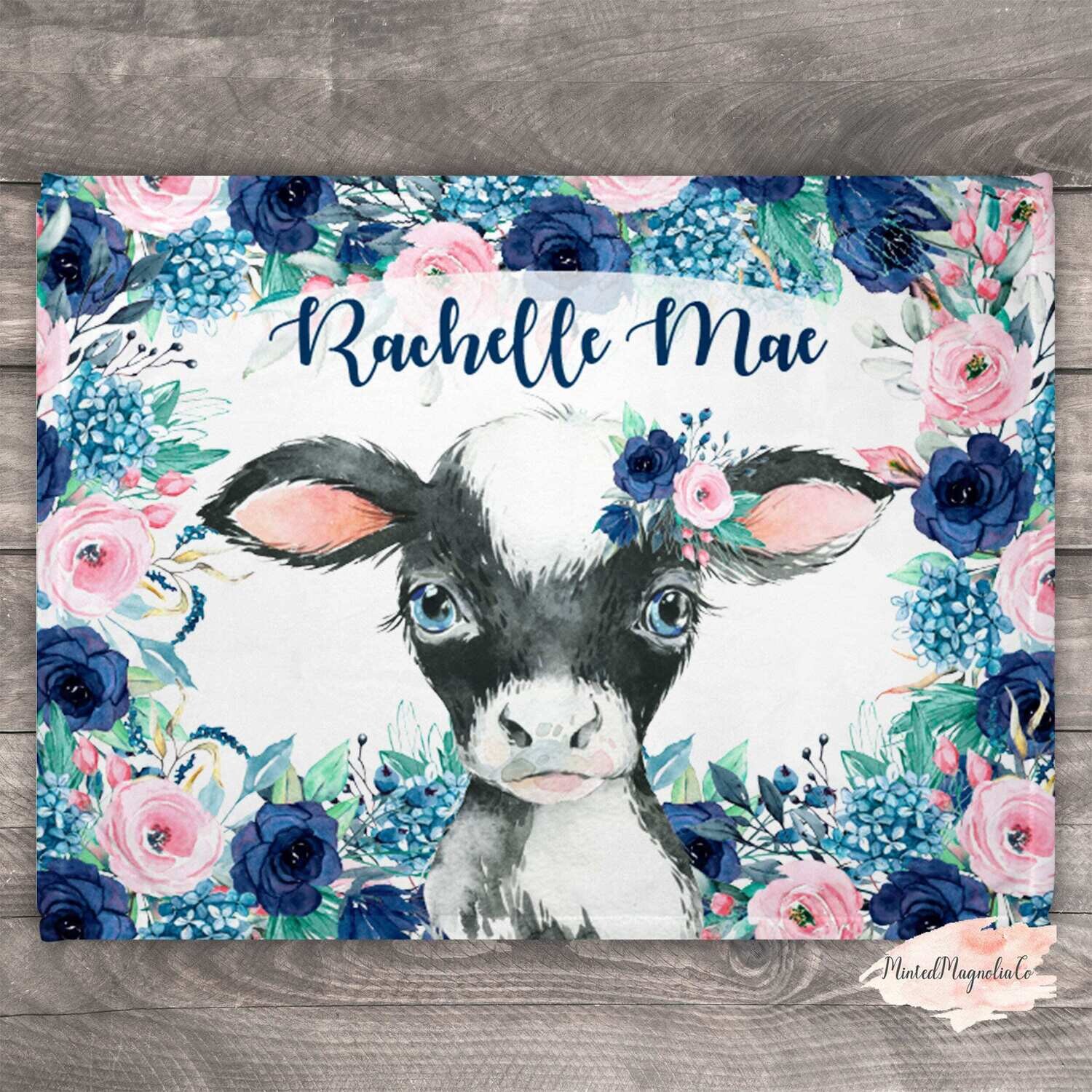 Cow Personalized Baby Girl Blanket, Blue Pink Floral Baby Blanket, Name Baby Blanket, Cow Baby Gift, Farmer Baby, Farm Blanket, Blanket Girl