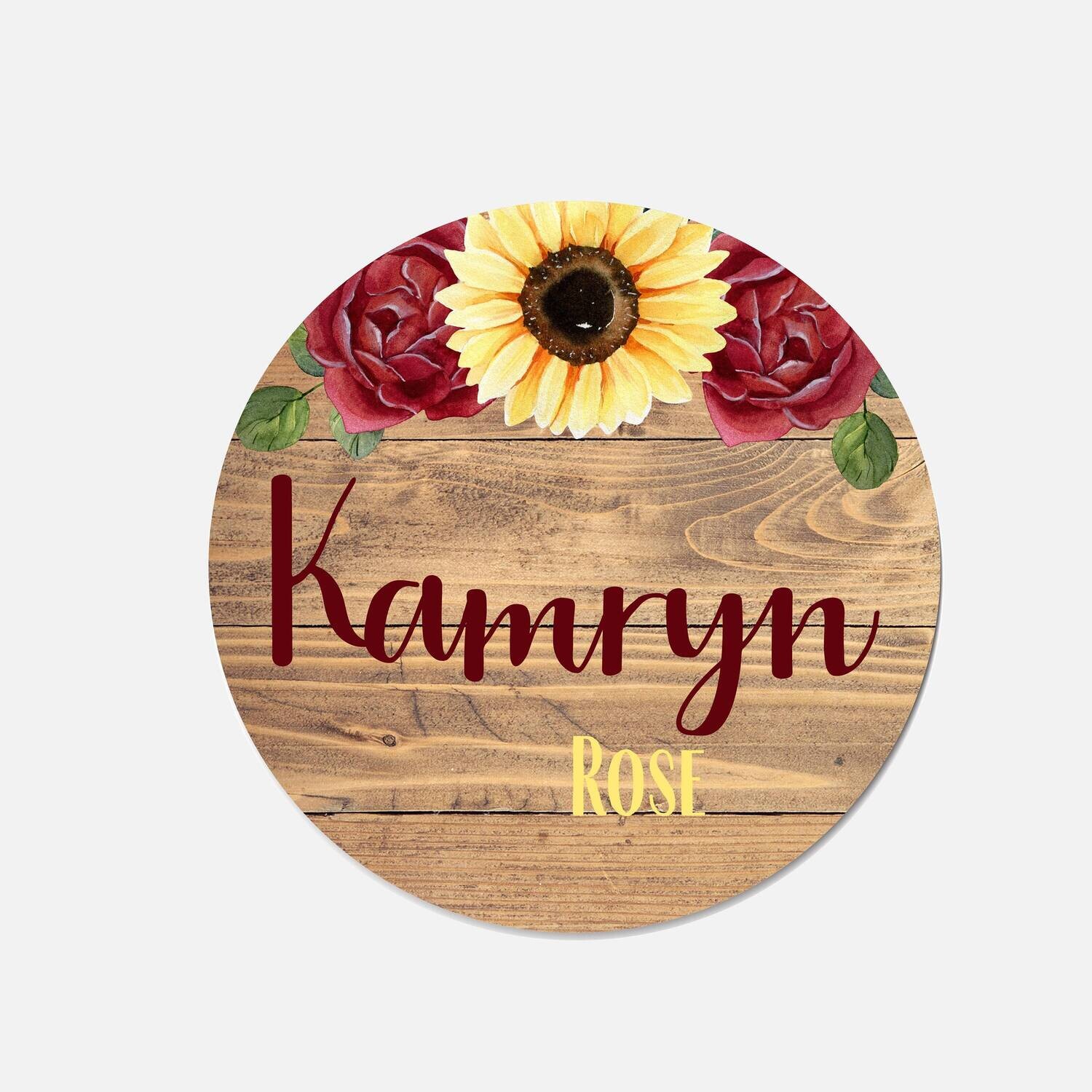 Customized Round Wood Sign, Sunflower Sign, Circle Sign For Baby Girl, Floral Sign, Personalized Sign With Flowers, Baby Girl Sign