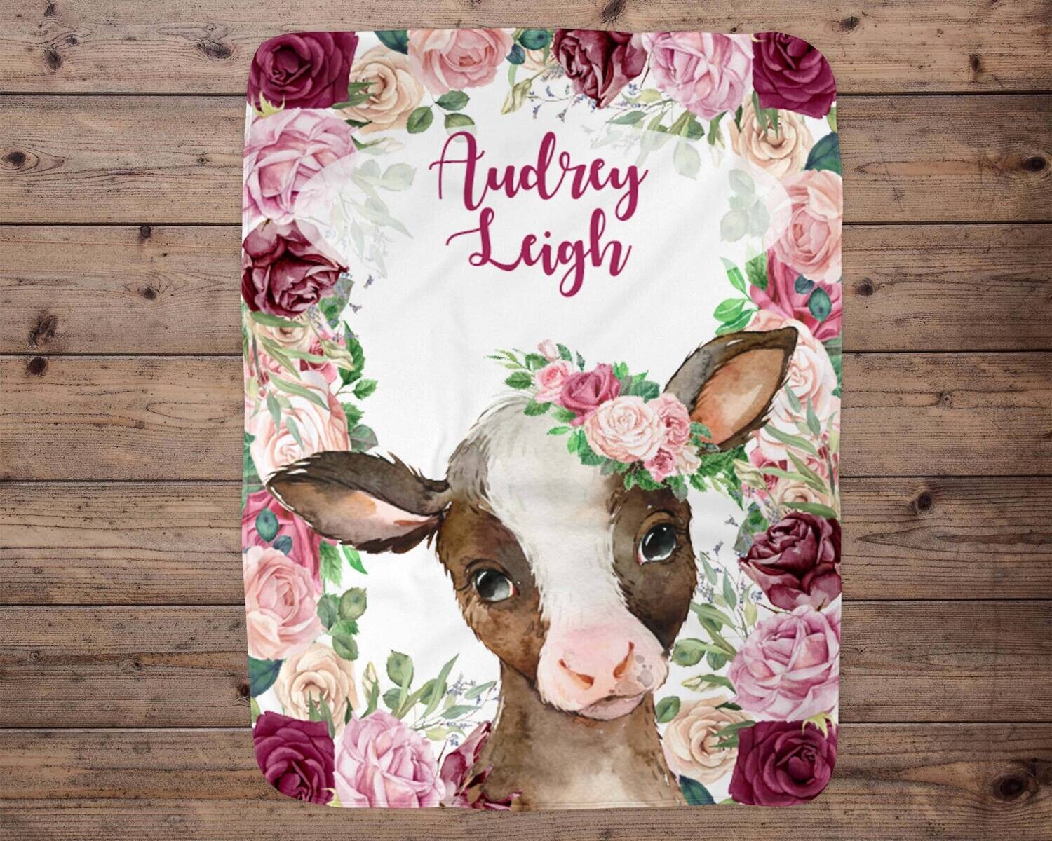Cow Personalized Baby Girl Blanket, Baby Blanket, Name Baby Blanket,Cow Baby Gift, Farm Baby, Farm Blanket, Blanket Girl, Floral, Burgandy