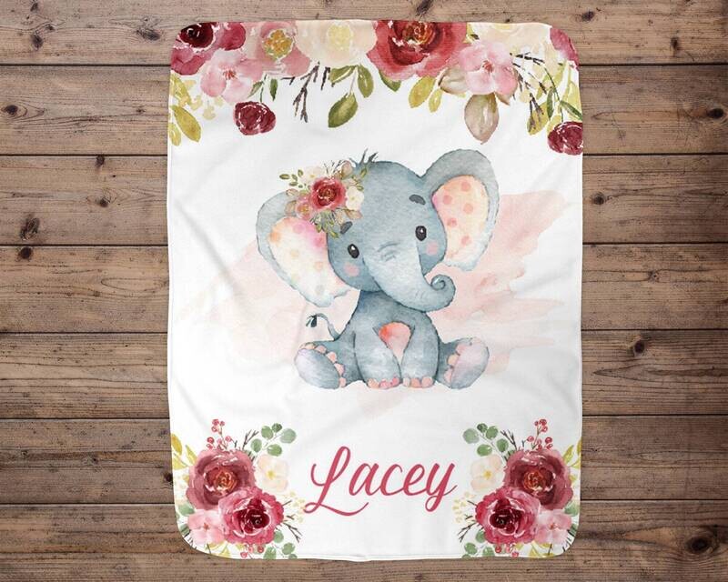 Elephant Personalized Blanket, Baby Blanket, Name Baby Blanket, Girl Baby Gift, Floral, Swaddle Blanket, Blanket Girl, Elephant, Pink, Minky